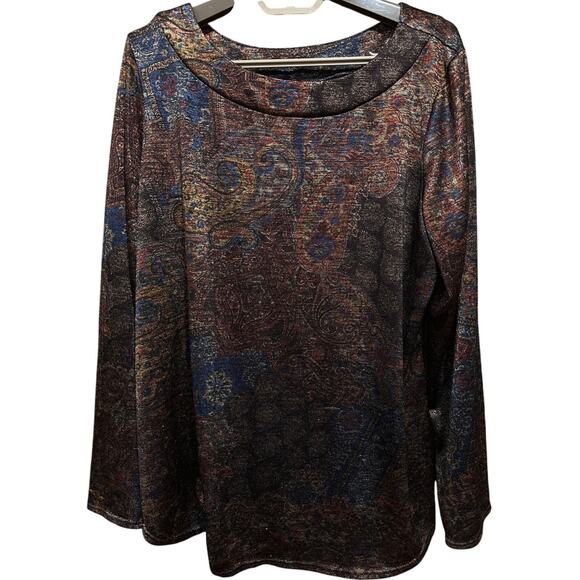 Susan Graver Tunic Top Size L Brown Blue Red Paisley Liquid Knit Long Sleeves - Picture 1 of 7